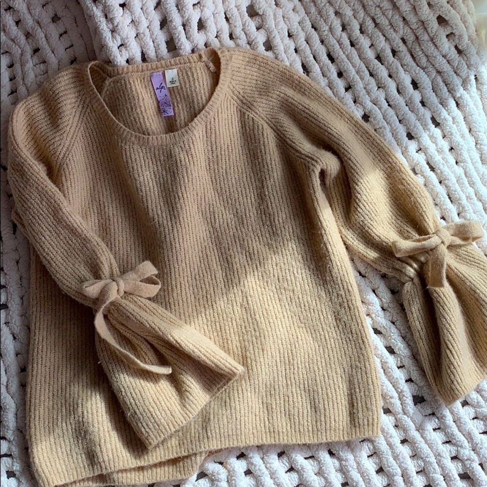 Tan Bell Sleeve Sweater with Bow Ties
